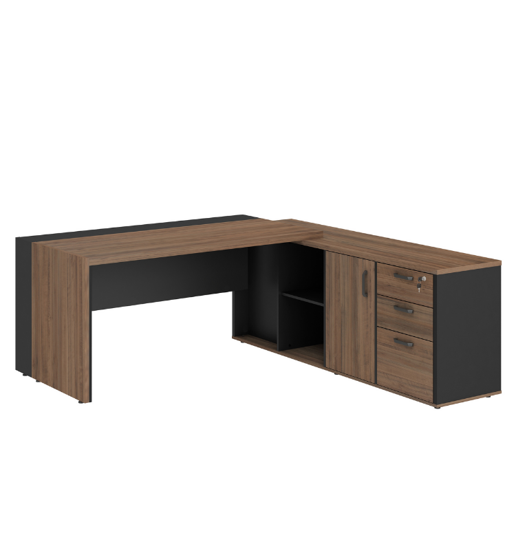 MESA DIRETOR EM L COM ARMÁRIO PEDESTAL COM 01 CAIXA DE TOMADAS PLÁSTICA - START